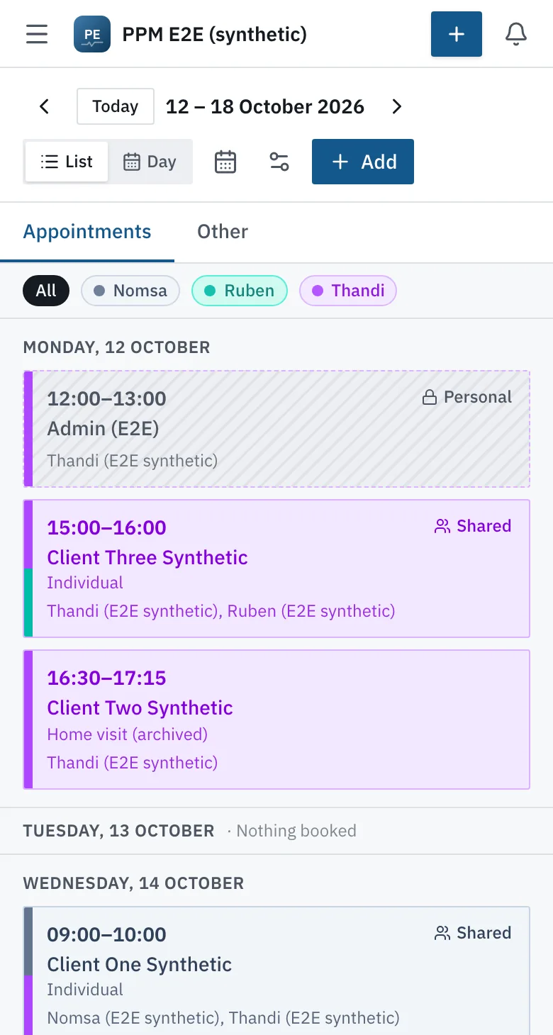 PPM's shared calendar in the week of 12 October 2026, with fictional test bookings for three therapists, colour-coded per therapist.